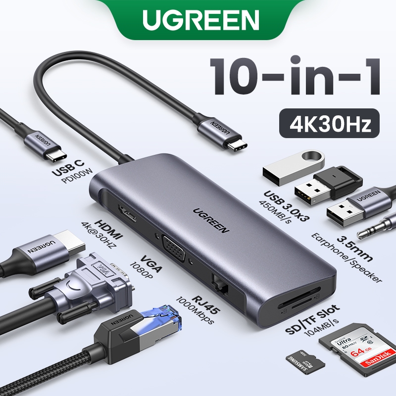 UGREEN USB C HUB 10 in 1 Converter Type C to HDMI VGA Card Reader RJ45 PD Adapter For Macbook Pro 2022