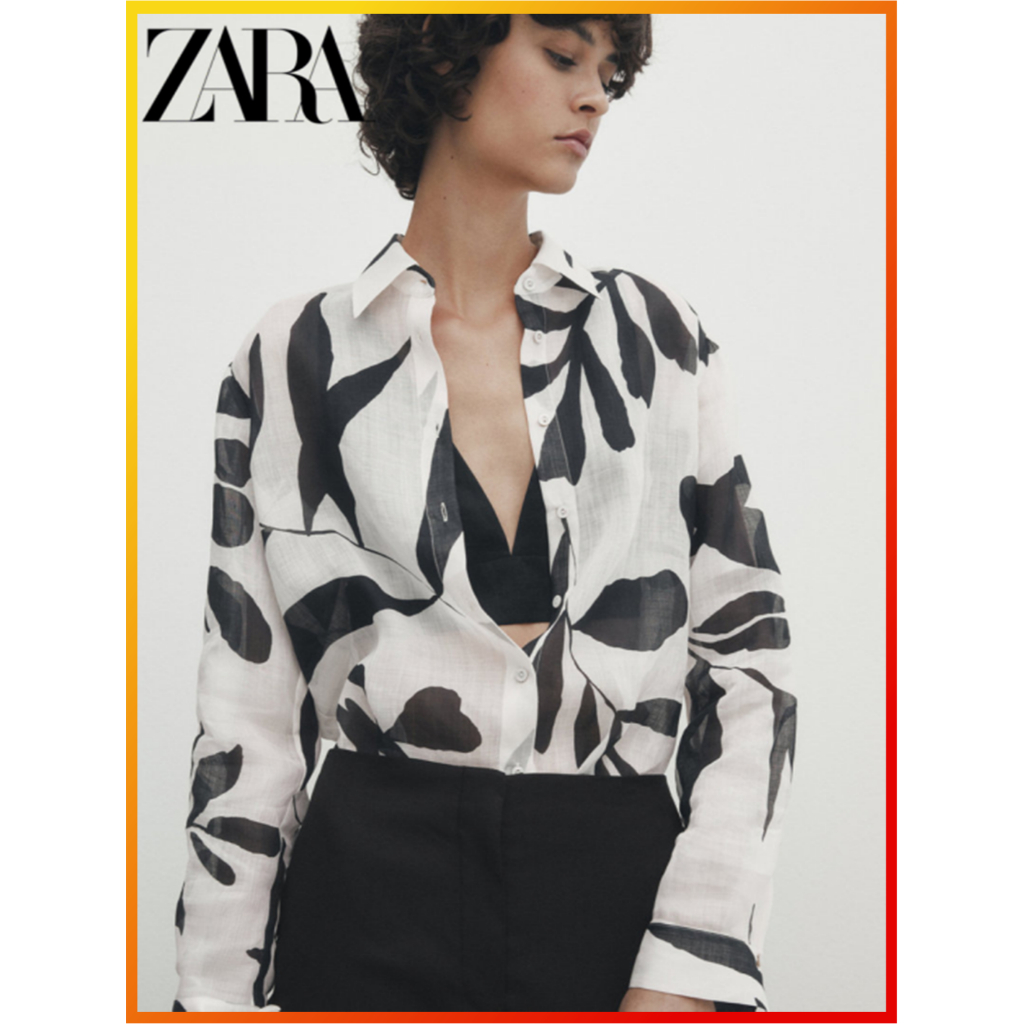 ZARA casual style comfortable pure ramie flower printing long sleeve shirt 05122818250