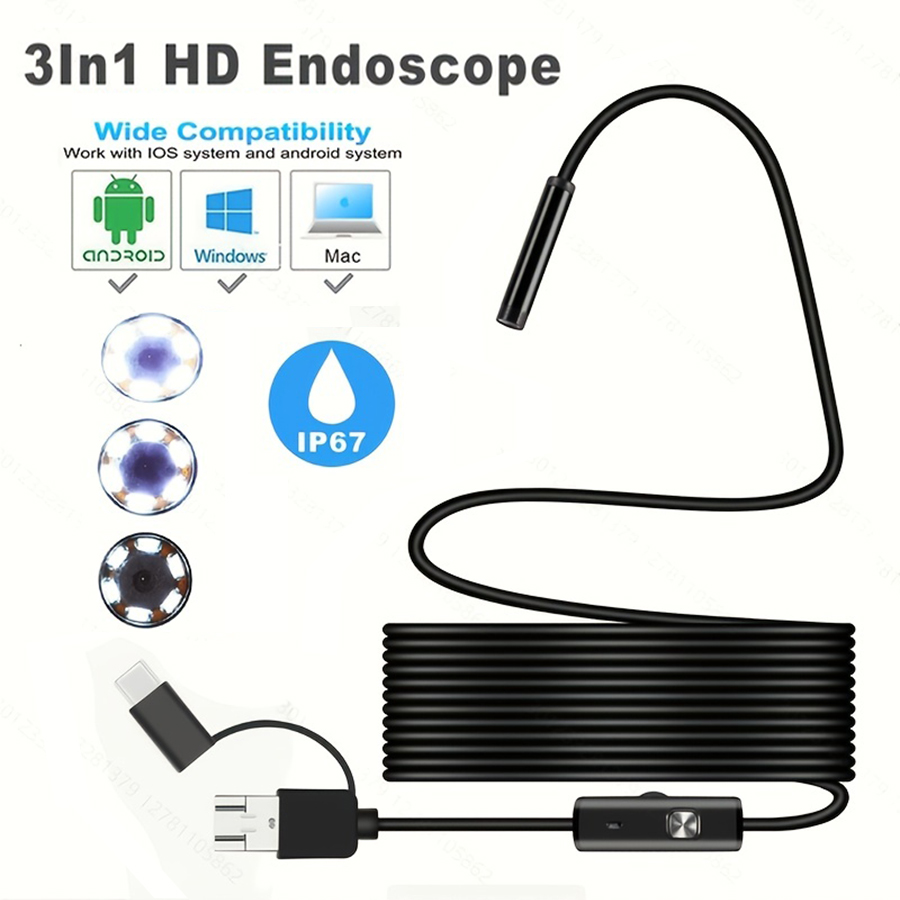1pc 3 IN 1 Type-C Micro USB Endoscope Camera 0.3inch/7mm Waterproof Lens 6 LED Lights 6.6 Feet/2m Soft Hard Wire Pipe Suitable for Car Inspection, Air Conditioner Internal Inspection Industrial Pipe I