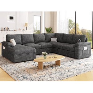 108 Inch Sectional Sleeper Sofa with Pull Out Bed, U Shaped 7 Seat Modular Sectional Sofa with Storage, Sectional Couches for Living Room, Cloud Modular Couch,Removable Sofa Cover, Dark Grey