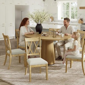 HULALA HOME Wooden Dining Chairs Set of 6, Farmhouse Kitchen Chairs Set with Cross Backrest Wood Legs, Upholstered Accent Dinner Chair for Dining Living Room Restaurant Cafe, Natural