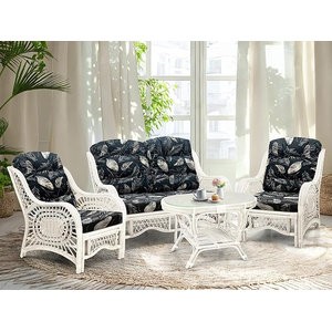 Malibu Lounge Set of 4: 2 Natural Rattan Wicker Chairs, Loveseat and Coffee Table w/Glass Handmade, White Color with Black Leaf Cushions