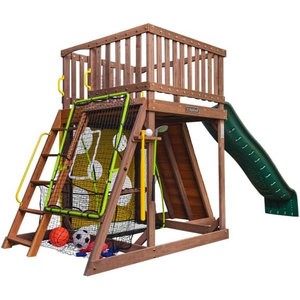 KidKraft All-in-One Sports Adventure Wooden Outdoor Playset with Rock Wall, Basketball Goal and Sports Equipment