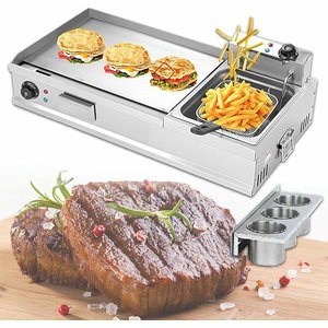 Commercial Electric Griddles Extra Large with Fryer, Countertop Griddle Stainless Steel Grill with Seasoning Rack, for Fried Pizza